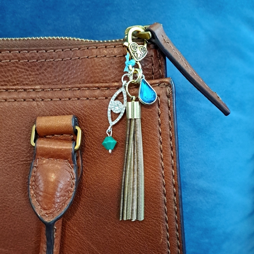 PURSE BAG CHARM Tassel Charm With Crystal And Beaded Charms, Length: 4 1/4"